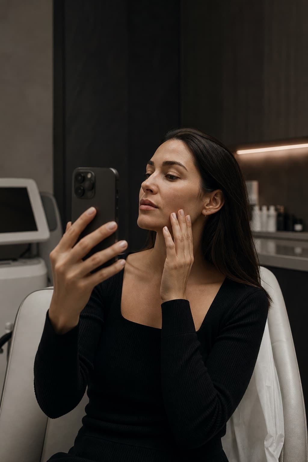 Patient completing a facial consultation with a smartphone inside a modern aesthetic clinic